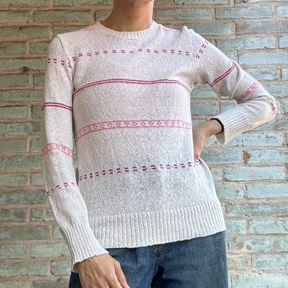 Vintage 70s Sweater Cream White Pink Stripe Knit Crew Neck Coquette Cottagecore